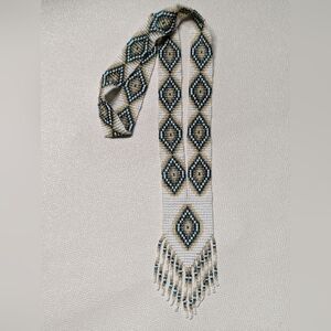 Beaded Geometric Pattern Scarf Accessory Neck Tie Necklace Novajo Handmade
